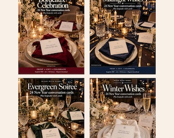 May include: A set of 24 New Year conversation cards and keepsake wish cards featuring four distinct themes: Bordeaux Celebration, Midnight Wishes, Evergreen Soiree, and Winter Wishes. Each card set is displayed on a formal dinner table setting.