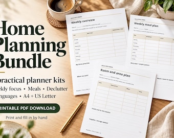 May include: Three white paper planner sheets with black text titled Weekly overview, Weekly meal plan, and Room and area plan. The text Home Planning Bundle, 3 practical planner kits, and Printable PDF download is visible.