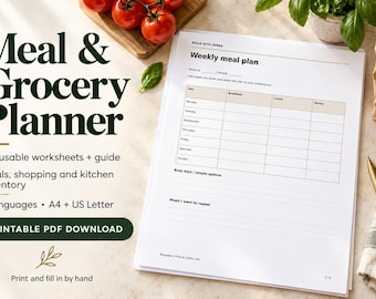 May include: A printable meal and grocery planner document featuring a weekly meal plan grid with columns for breakfast, lunch, and dinner. The text reads Meal & Grocery Planner, 5 reusable worksheets + guide, Meals, shopping and kitchen inventory, 4 languages, A4 + US Letter, PRINTABLE PDF DOWNLOAD, and Print and fill in by hand.