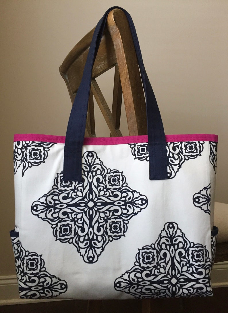 Large Canvas Tote Bag Navy Blue/cream ready to Ship - Etsy