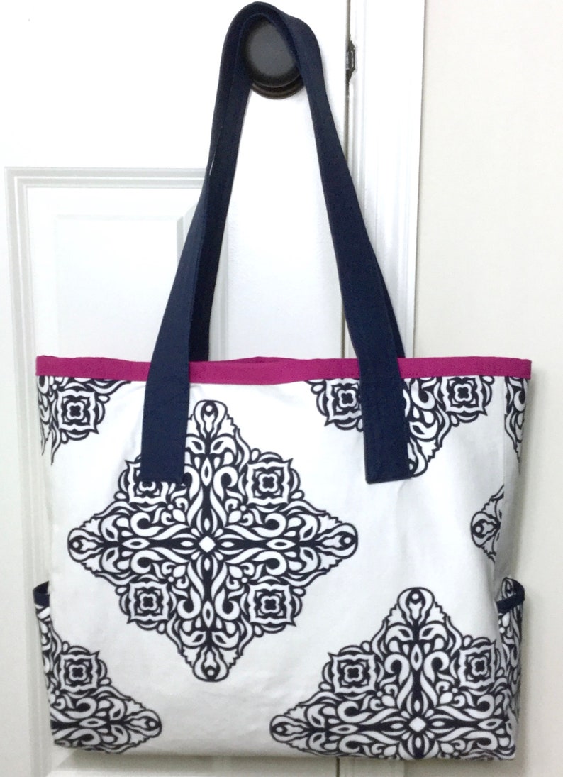 Large Canvas Tote Bag Navy Blue/cream ready to Ship - Etsy