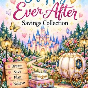 May include: A digital illustration featuring a castle, a carriage, and three stacked suitcases. A wooden sign displays the text: Dream, Save, Plan, Believe. The top text reads: Happy Ever After Savings Collection. The scene includes flowers, lanterns, and butterflies.
