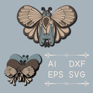 Puede incluir: Una ilustración gráfica de un insecto estilizado con alas grandes en tonos marrón, beige y azul apagado. Debajo, una versión superpuesta más pequeña se muestra junto al texto AI, DXF, EPS y SVG, enmarcado por adornos decorativos.