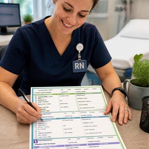 May include: A printed patient assessment report sheet with sections for patient name, room, diagnosis, vital signs, and treatment plans. The document features green and purple headers, organized columns, and checkboxes for medical tracking.