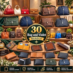 May include: A collection of various leather handbags, shoulder bags, and wallets displayed on wooden shelves. A central circular graphic features the text 30 Bag and Violet BUNDLE. The items include diverse colours, textures, and closure styles.