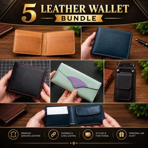 Può includere: Un set di 5 portafogli in pelle con vari design, tra cui un modello bifold marrone chiaro, un bifold blu navy con cuciture bianche, un bifold nero con cuciture rosse, un portafoglio lungo verde menta con accento viola e un portafoglio verticale nero.