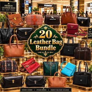 May include: A collection of twenty leather bags in various styles, colors, and sizes, including totes, satchels, and crossbody bags. The display features a central green emblem with the text 20 Leather Bag Bundle and various brand logos.