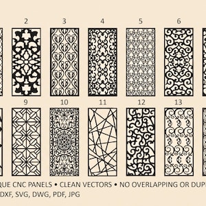 May include: A collection of 14 rectangular black panels featuring intricate laser-cut patterns arranged in two rows. Each panel displays a distinct geometric or scrolling design. Text at the bottom reads: 14 UNIQUE CNC PANELS • CLEAN VECTORS • NO OVERLAPPING OR DUPLICATE LINES • DXF, SVG, DWG, PDF, JPG.