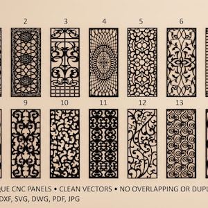 May include: A collection of 14 rectangular black laser-cut panels featuring intricate geometric and floral patterns, numbered 1 through 14. The text below reads: 14 UNIQUE CNC PANELS • CLEAN VECTORS • NO OVERLAPPING OR DUPLICATE LINES • DXF, SVG, DWG, PDF, JPG.
