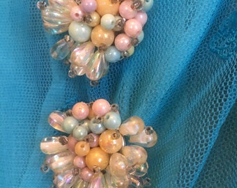 Vintage earrings multicolor  bead spray clip on