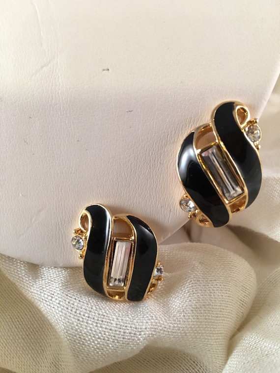 Black gold and rhinestone Trifari earrings