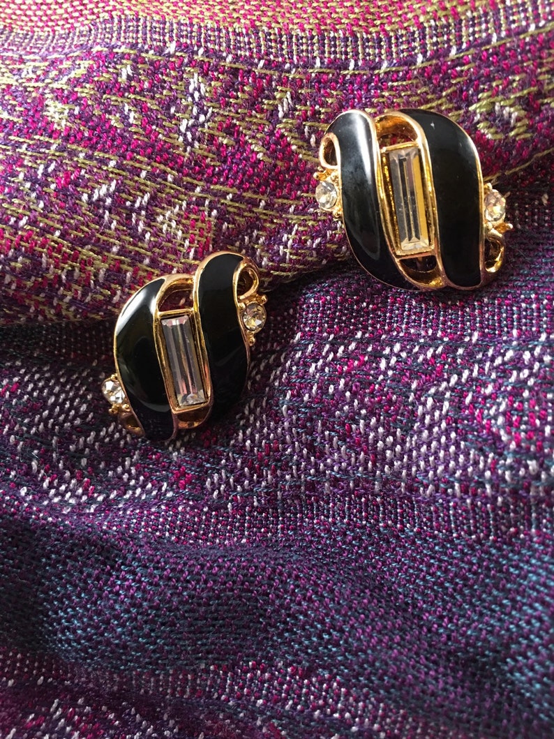 Black gold and rhinestone Trifari earrings