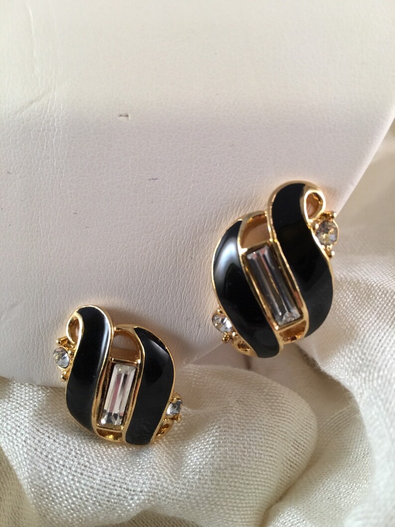 Black gold and rhinestone Trifari earrings