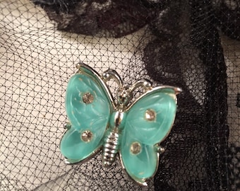 Vintage glass butterfly brooch - aquamarine butterfly with silver trim - March birthstone - butterflies - transformation