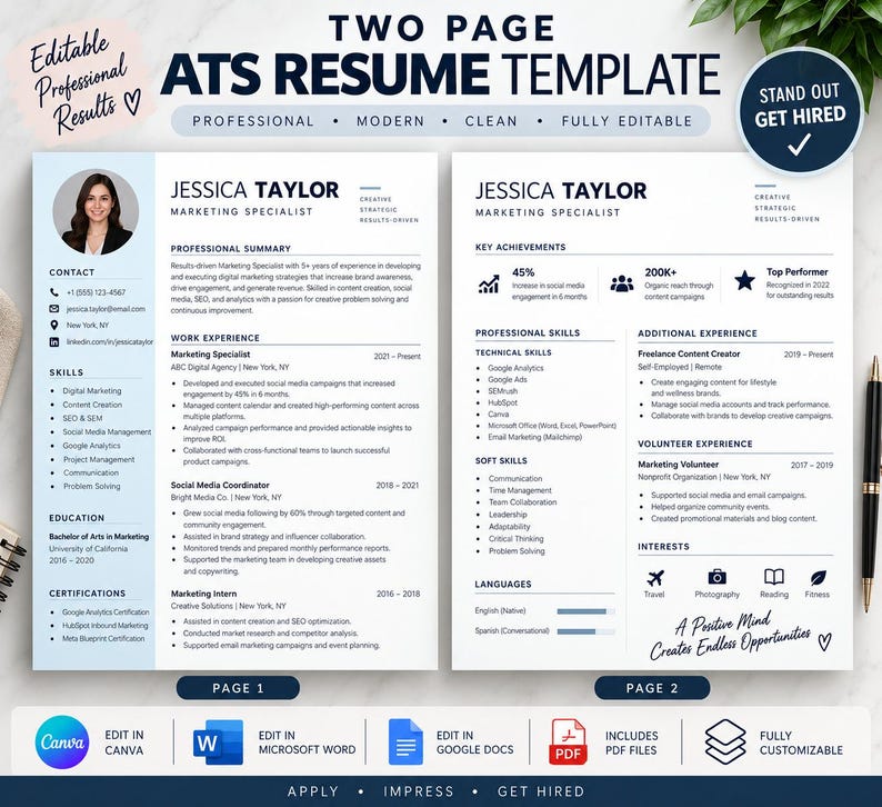 ATS Resume Template | Editable Resume CV Template | Professional Canva ...