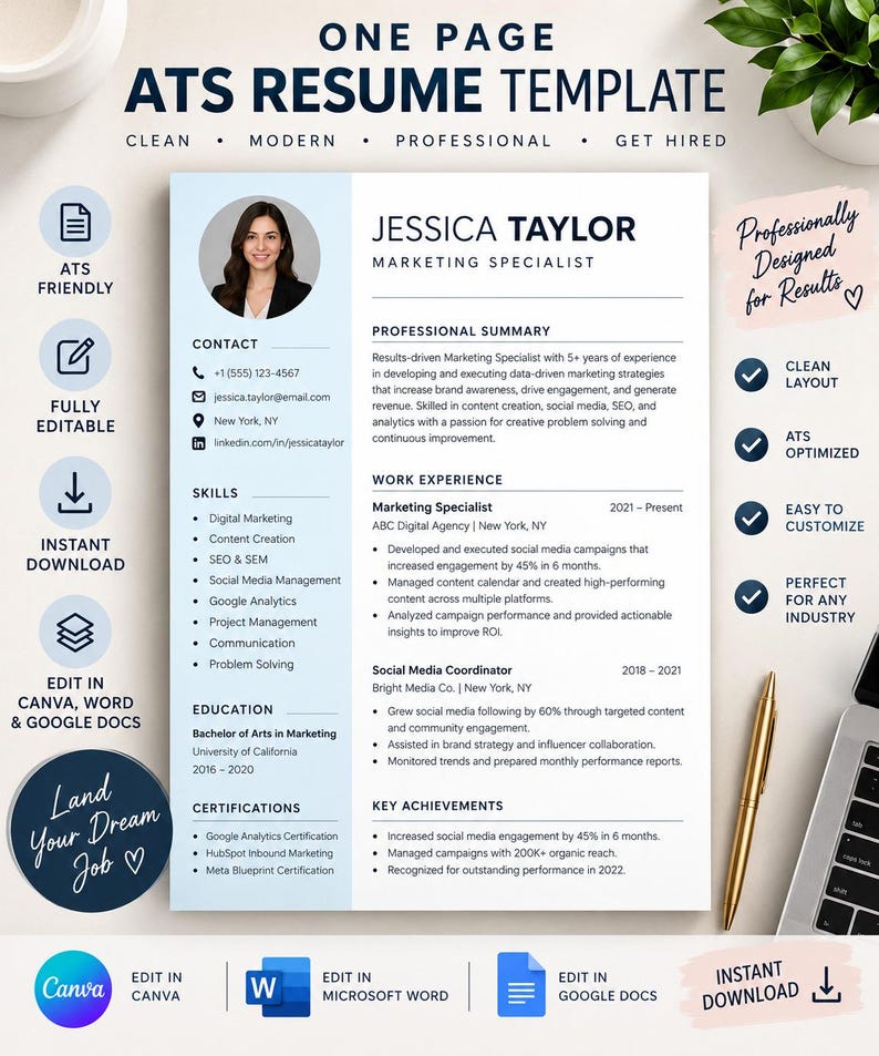ATS Resume Template | Editable Resume CV Template | Professional Canva ...