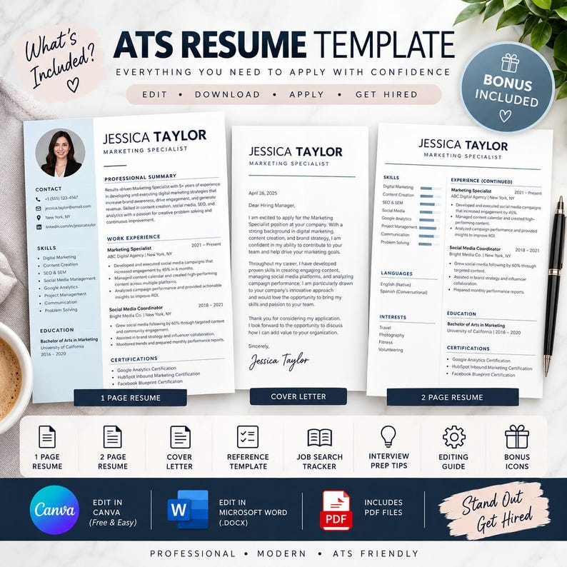 ATS Resume Template | Editable Resume CV Template | Professional Canva ...