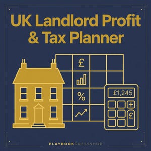 Può includere: Una copertina per planner digitale blu scuro con il testo dorato UK Landlord Profit & Tax Planner. Presenta un'icona di casa dorata, una griglia con simboli di sterlina, grafico, percentuale e freccia, e una calcolatrice che mostra £1,245.