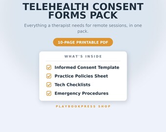 Einverständniserklärungen für Teletherapie | Richtlinien für Videositzungen mit Therapeuten, Klientenformulare & Checklisten zur Vorbereitung | Druckbare PDF-Datei