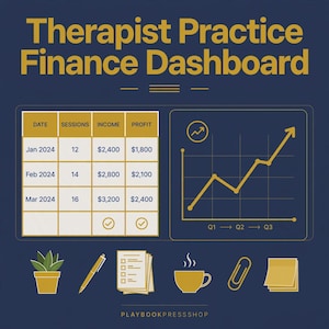 May include: A digital finance dashboard graphic titled Therapist Practice Finance Dashboard in gold text on a dark blue background. It features a data table for Jan-Mar 2024, a line graph showing growth from Q1 to Q3, and icons of a plant, pen, paper, coffee, clip, and notes.