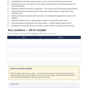 May include: A white document titled First-48-Hours Dementia Care Checklist from PlaybookpressShop. It features a list of tasks with checkboxes, a section for key numbers, instructions on how to use the checklist, and a medical disclaimer.