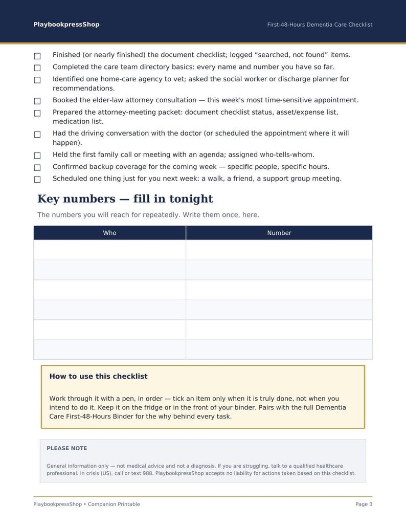 May include: A white document titled First-48-Hours Dementia Care Checklist from PlaybookpressShop. It features a list of tasks with checkboxes, a section for key numbers, instructions on how to use the checklist, and a medical disclaimer.