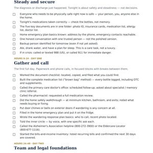 May include: A printed checklist titled First-48-Hours Dementia Care Checklist from PlaybookpressShop. The document is divided into three sections: Hours 0-8 Tonight, Hours 8-24 Day One, and Hours 24-48 Day Two, featuring bulleted tasks.