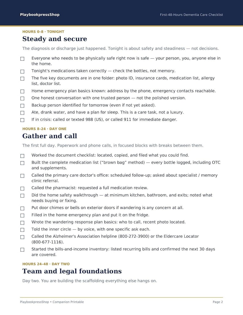 May include: A printed checklist titled First-48-Hours Dementia Care Checklist from PlaybookpressShop. The document is divided into three sections: Hours 0-8 Tonight, Hours 8-24 Day One, and Hours 24-48 Day Two, featuring bulleted tasks.
