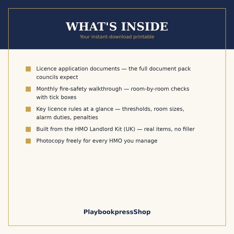 May include: A digital document titled WHAT'S INSIDE, Your instant-download printable. It lists five items: licence application documents, monthly fire-safety walkthrough, key licence rules, HMO Landlord Kit, and photocopy instructions. PlaybookpressShop.