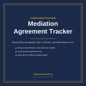 Könnte beinhalten: Ein dunkelblaues digitales Dokument mit dem Titel Companion Tracker Mediation Agreement Tracker. Es enthält Text zur Erfassung von Vereinbarungen, offenen Punkten und nächsten Schritten sowie Aufzählungspunkte für Sitzungsprotokolle und Protokolle.