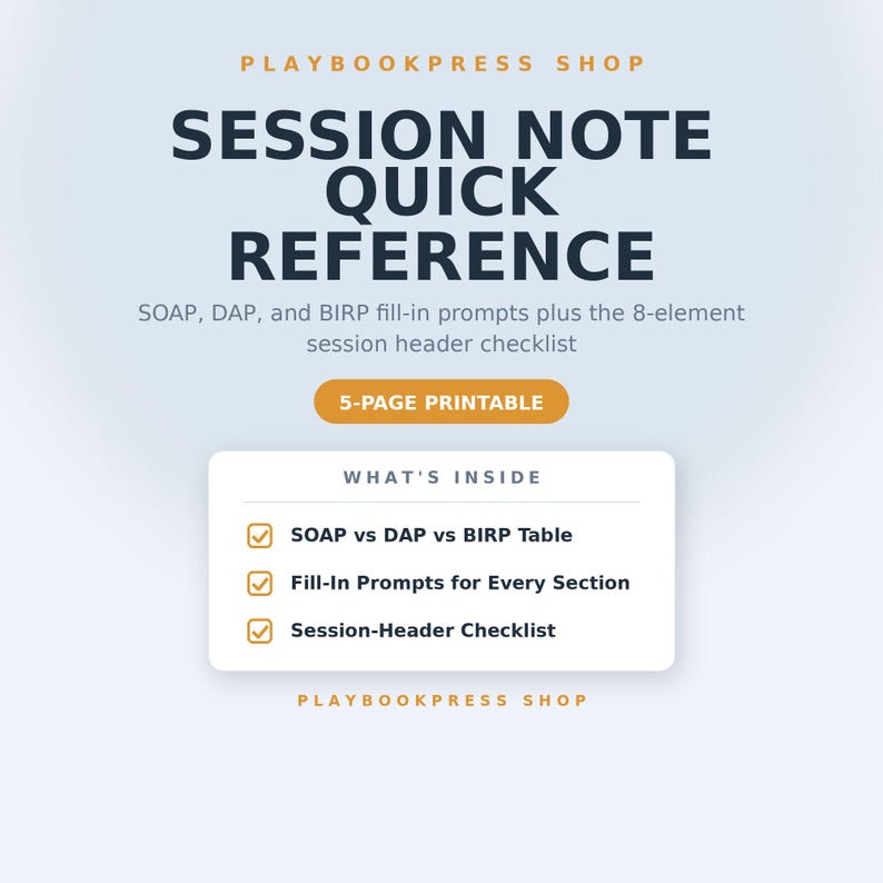 Session Note Quick Reference for Therapists | SOAP, DAP, BIRP Fill-In Prompts | Printable Session Header Checklist image 1