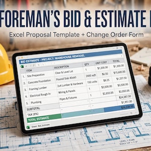 Contractor Bid Template Excel, Construction Estimate Spreadsheet with Change Order Form, Remodel Proposal Template for General Contractors