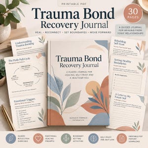 Op de afbeelding: Een Trauma Bond Recovery Journal met een crèmekleurige kaft voorzien van blauwe en oranje abstracte bladillustraties en tekst. De set bevat meerdere geprinte pagina's met koppen zoals Understanding Trauma Bonding en Emotional Triggers.