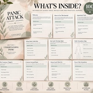 May include: A Panic Attack Support Journal with a soft-toned cover featuring botanical illustrations and text. The display shows 100 pages of guided tools, reflection prompts, and trackers including sections for warning signs, triggers, and body sensation maps.