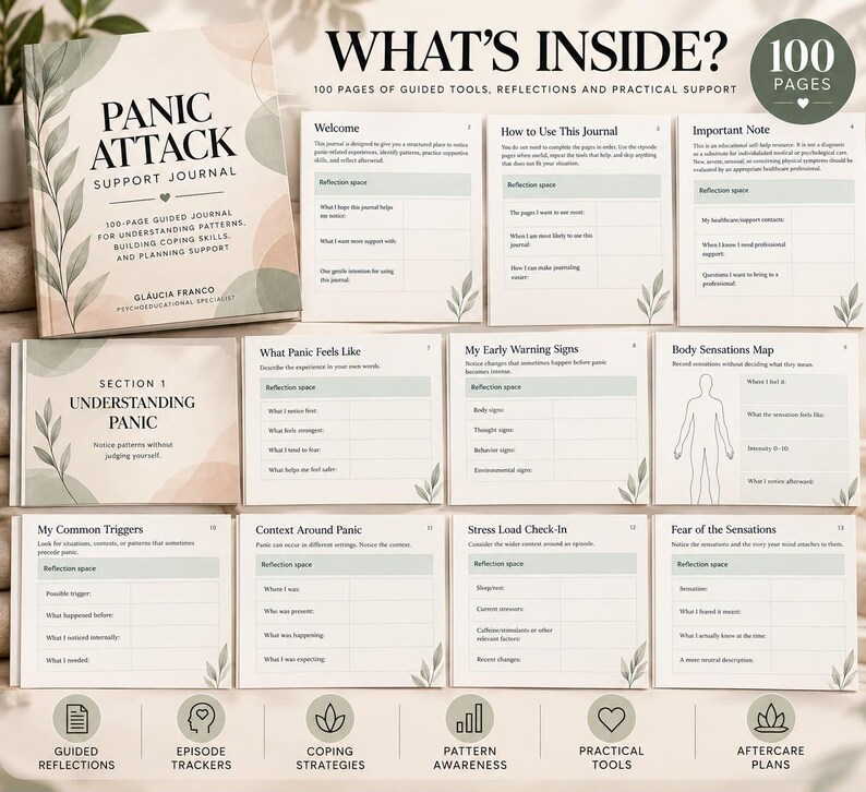 May include: A Panic Attack Support Journal with a soft-toned cover featuring botanical illustrations and text. The display shows 100 pages of guided tools, reflection prompts, and trackers including sections for warning signs, triggers, and body sensation maps.