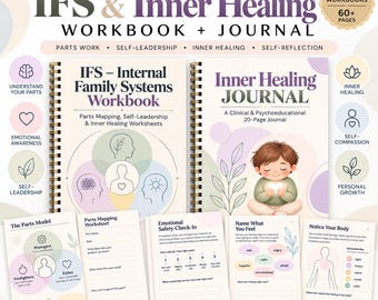 May include: An IFS and Inner Healing bundle featuring two spiral-bound workbooks with soft pastel covers. The set includes worksheets on parts mapping, emotional safety, and body awareness, alongside a journal with a child illustration.