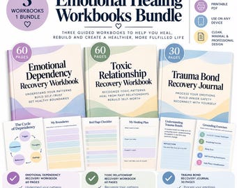 Könnte beinhalten: Ein digitales Paket aus drei Arbeitsbüchern mit den Titeln Emotional Dependency Recovery Workbook, Toxic Relationship Recovery Workbook und Trauma Bond Recovery Journal. Das Set enthält verschiedene druckbare Seiten mit Checklisten, Reflexionsfragen und Erdungsübungen in Pastellfarben.