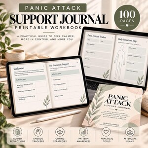 May include: A Panic Attack Support Journal printable workbook featuring 100 pages. The digital display shows pages for a Panic Episode Tracker, Body Sensations Map, Welcome section, and My Common Triggers. A physical journal cover is also visible.