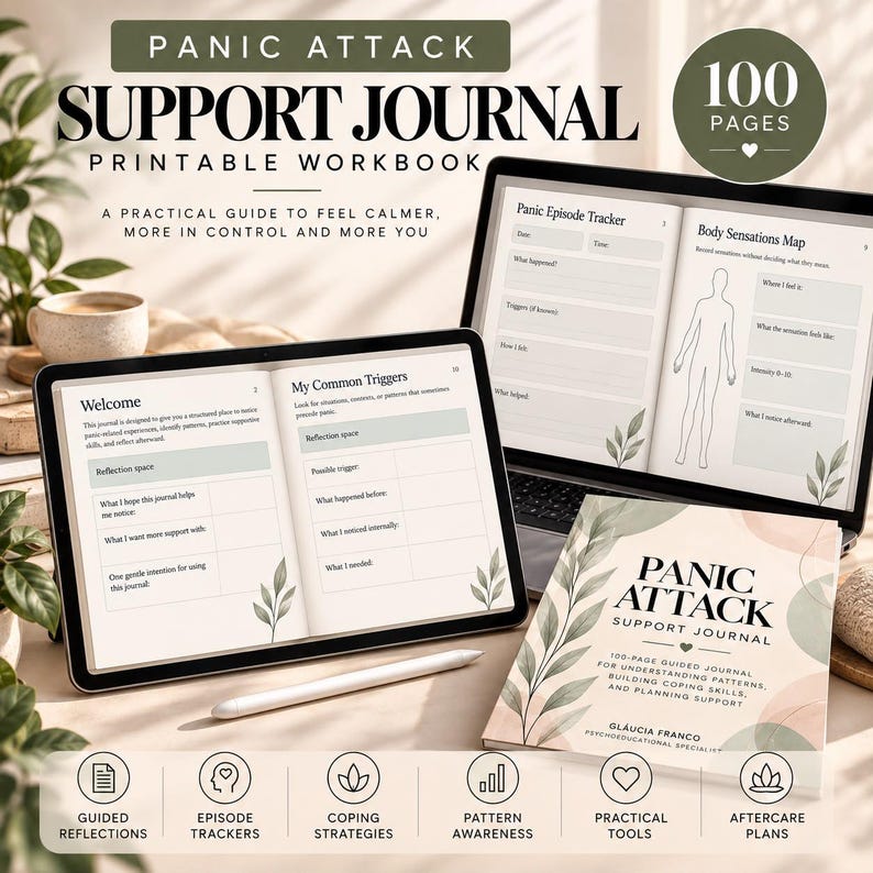 May include: A Panic Attack Support Journal printable workbook featuring 100 pages. The digital display shows pages for a Panic Episode Tracker, Body Sensations Map, Welcome section, and My Common Triggers. A physical journal cover is also visible.