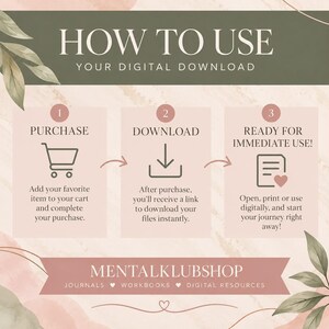 May include: An instructional graphic titled HOW TO USE YOUR DIGITAL DOWNLOAD with three steps: 1 PURCHASE with a shopping cart icon, 2 DOWNLOAD with a downward arrow icon, and 3 READY FOR IMMEDIATE USE with a document and heart icon. MENTALKLUBSHOP.