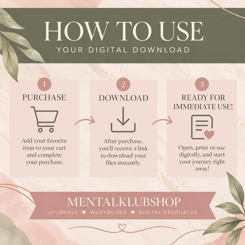 May include: An instructional graphic titled HOW TO USE YOUR DIGITAL DOWNLOAD with three steps: 1 PURCHASE with a shopping cart icon, 2 DOWNLOAD with a downward arrow icon, and 3 READY FOR IMMEDIATE USE with a document and heart icon. MENTALKLUBSHOP.