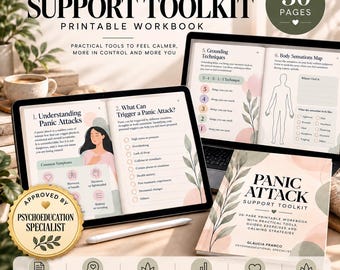 May include: A 30-page printable Panic Attack Support Toolkit workbook featuring educational content, grounding techniques, and body sensation maps. The digital display and printed cover show text, botanical illustrations, and a gold seal of approval.
