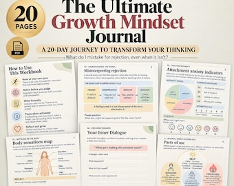 May include: A digital psychoeducational workbook titled The Ultimate Growth Mindset Journal, featuring 20 pages for a 20-day journey. The layout includes sections on misinterpreting rejection, attachment anxiety, body sensations, and inner dialogue.