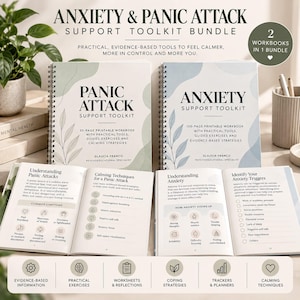 Puede incluir: Paquete de herramientas de apoyo para la ansiedad y ataques de pánico con dos cuadernos de espiral y portadas en tonos pastel. El texto dice Anxiety and Panic Attack Support Toolkit, 30-page and 100-page printable workbooks y Glaucia Franco Psychoeducational Specialist.