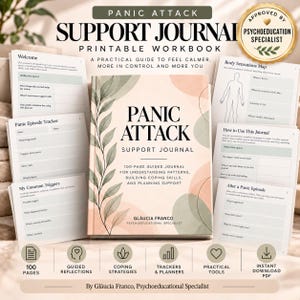 May include: A 100-page printable Panic Attack Support Journal workbook by Gláucia Franco. The cover features a peach and sage green botanical design with black text. Surrounding pages include a Body Sensations Map and trackers.