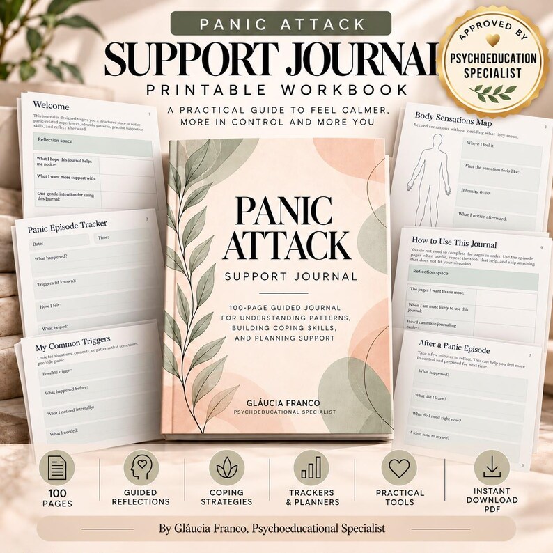 May include: A 100-page printable Panic Attack Support Journal workbook by Gl&aacute;ucia Franco. The cover features a peach and sage green botanical design with black text. Surrounding pages include a Body Sensations Map and trackers.