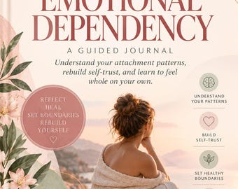 May include: A soft-cover guided journal titled Breaking Free From Emotional Dependency by Glaucia Franco. The cover features a light pink background with floral illustrations, a circular text box, and a central image of a person looking at a sunset.