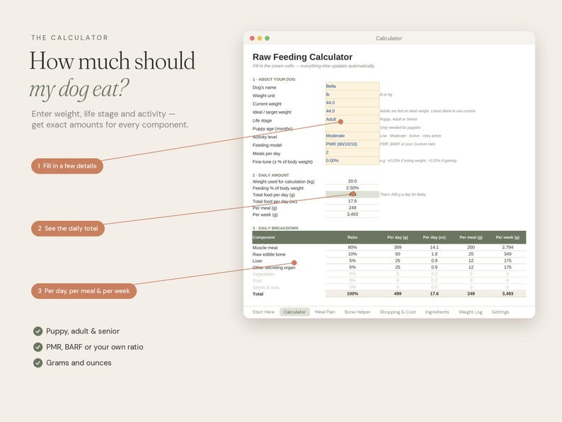 Raw Feeding Calculator for Dogs, BARF + PMR Meal Planner, Google Sheets ...
