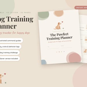 以下が含まれることがあります： USレターサイズの印刷可能な32ページの犬のトレーニングプランナー兼子犬トラッカー。表紙にはベージュの犬のイラストと「The Pawfect Training Planner」というテキスト、日々のトラッカーセクション、コマンドガイド、ログが含まれています。