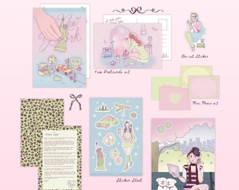 May include: A stationery set titled October Mail Club New York Edition featuring two 4x6 postcards, a die-cut sticker, two mini memos, a letter from the artist, scrap paper, a sticker sheet, and a 5x7 art print with various New York themed illustrations.